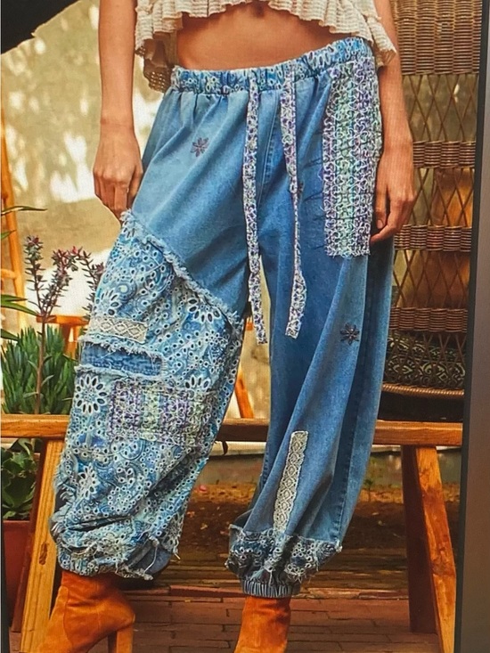 POL Pants - POL Patchwork Lace Blue Wide-Leg Jogger Pants